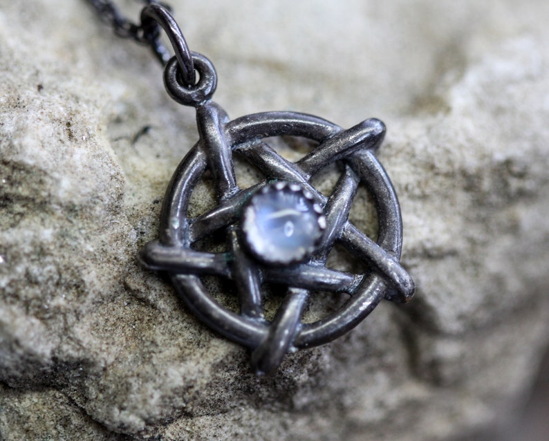Pentagram Necklace Solid Sterling Silver with Rainbow or Black Moonstone or Black Onyx image 1