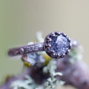 Könnte beinhalten: Ein silberner Ring mit einem dunkelblauen, runden Edelstein. Der Ring hat ein detailliertes, strukturiertes Band und eine dekorative Fassung um den Stein. Der Ring ist vor einem verschwommenen, natürlichen Hintergrund platziert.