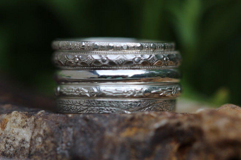 Sterling Silver Stacking Ring Set: Floral, Leaf, and Dot Bands