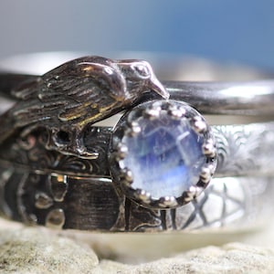 Raven Ring Set * Stacking Ring Set * Pentagram Ring * Peacock Pattern * Solid Sterling Silver*  3 * Badb * NEVERMORE Morrigan * Any Size