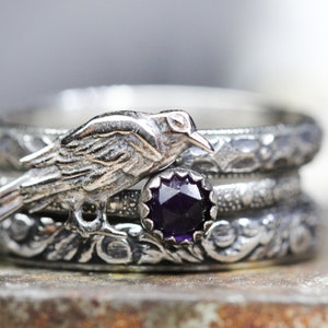 Può includere: Un anello d'argento con una pietra preziosa viola e un design di corvo dettagliato.