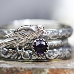 Raven Ring,  Solid Sterling Silver * Natural Amethyst * Witchy Jewelry *  Three Ring Set , The Raven rings, Any Size