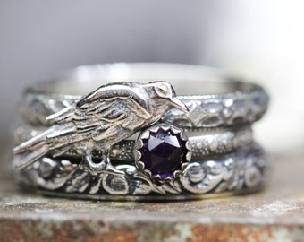 Rabenring, massives Sterlingsilber * natürlicher Amethyst * Hexenschmuck * Drei-Ring-Set, die Rabenringe, jede Größe