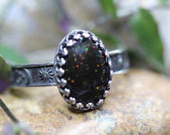 Witchy Ring * Graveyard Dirt and Black Opal *   Solid Sterling Silver *Celestial Band *  ANY size