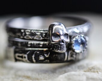 Skull Ring Set* Samhain * Sterling Silver Stacking * Rainbow Moonstone *Handmade by Wildflowyr * Any Size