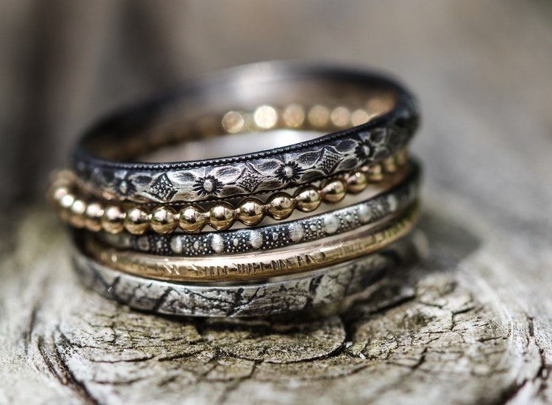 Stacking Ring Set Mixed Metal Stackers Solid Sterling Silver 14kt Gold filled Any Size image 1