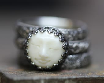 Man In The MOON 10mm ring  solid sterling stacking VINeS ring FuLL mOOn SET of 3  * Any Size * Sleeping Or Awake Moon Face