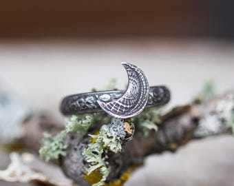 Crescent Moon Stacking Ring * Spiderweb Moon * Sterling Silver * Witchy Stacker