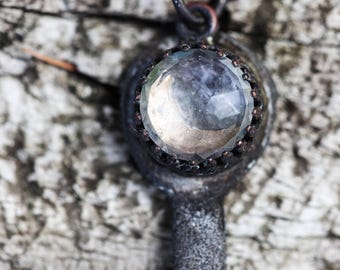 Skeleton Casket Key *Talisman Necklace * Quartz and Crescent Moon*  Sterling Adjustable Chain * Hecate
