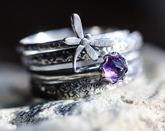 Dragonfly  Ring Set * Solid Sterling Silver * Spirit Messenger *AA Grade Amethyst* Stacking Ring Set of 4 *   Any Size