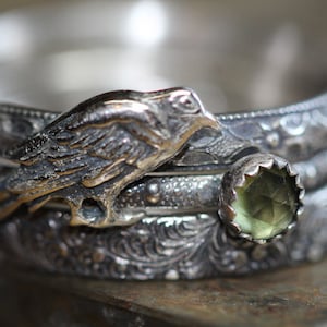 Raven Ring * Solid Sterling Silver * Natural Peridot * Stacking Band* Badb * NEVERMORE *Morrigan  *Any Size