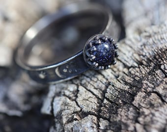 Night Sky Ring * Constellation * Blue Goldstone Stacking  *  Solid Sterling Silver  * Any Size