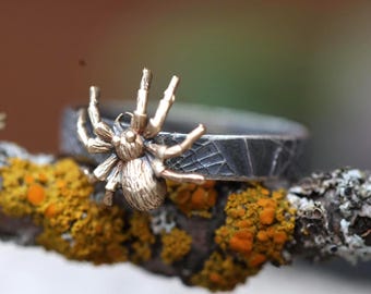 Spider Ring* Arachne * Solid Sterling Silver and Golden Bronze Band * Handmade* Any Size