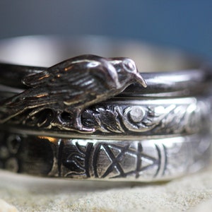 Peut inclure: Une bague en argent avec un motif détaillé d'un oiseau perché sur une branche. La bague est composée de trois bandes, chacune avec un design différent.