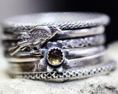 The RAVEN Stack of SiX Solid Sterling Badb CITRINE FLoWeR Patterned Rings NEVERMORE Morrigan Full MooN Any Size