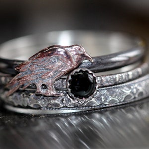 Peut inclure: Une bague en argent avec une pierre précieuse noire et un motif de corbeau détaillé. La bague est composée de plusieurs bandes.