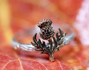 Thistle Ring* Solid Sterling Silver * Golden Bronze Thistle * Stacking  * Symbol of Protection* Any Size