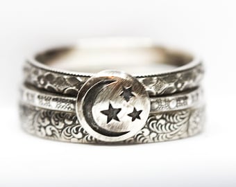 Moon and Stars Ring Set * Solid Sterling Silver * Crescent Moon  Stacking Rings* Any Size