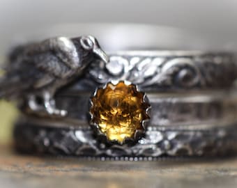 Raven Ring * Solid Sterling Silver * Genuine Citrine * Vines, Birch, Floral Patterned * 5mm * Topolya * Stacking Ring Set of 3 * Any Size