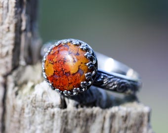 Autumn Ring * Solid Sterling Silver * Moss Agate * Full Fall Moon* Vines Band * Any Size