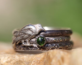 Raven Ring * Stacking Ring Set * Witchy Jewelry * Chrome DIOPSIDE * Solid Sterling Silver * Badb*  NEVERMORE * Morrigan *  Any Size