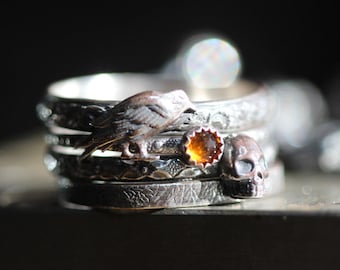 Skull Ring * Raven Ring * SAMHAIN Ring Set * Fire CiTRINE * Solid Sterling Silver *  * NEVERMORE * Morrigan * Witchy Jewelry * Any Size