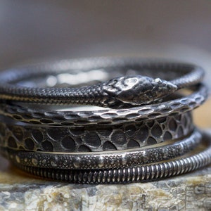 May include: A set of five silver rings, one featuring a snake design, another with a textured surface, and three with different patterns.