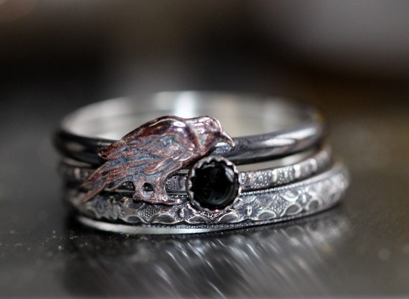 Dual Raven Rings Raven Ring Set* Black Onyx* New Moon Ring * Stacking Rings* Badb ...