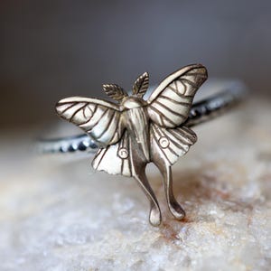 May include: A silver-colored ring featuring a detailed moth design. The moth has textured wings and a delicate body, perched atop a thin, textured band. The ring is set against a blurred, neutral background.