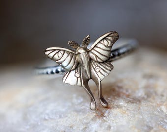 Luna Moth Ring* Solid Sterling Silver and Golden Bronze * Any Size