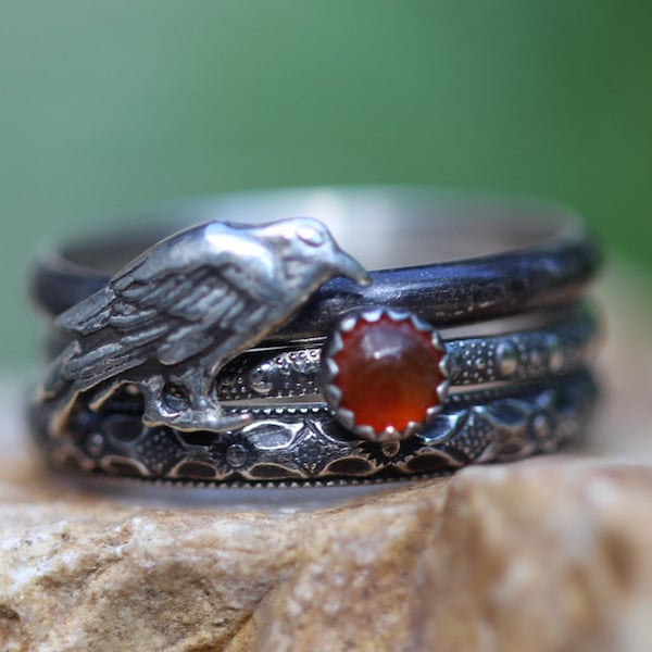 Raven Ring* Carnelian * Solid Sterling Silver * Set of THREE * NEVERMORE * Morrigan *  Samhain *Any Size