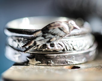 May include: A silver ring with a bird design. The ring is made of three bands, each with a different design. The top band features a bird in flight, the middle band has a floral design, and the bottom band has a star design.