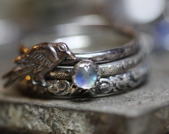 Raven Ring * Stacking Ring * Solid Sterling Silver *  Vines * Rainbow *or* BLACK Onyx * NEVERMORE *Vines* Morrigan  Any Size