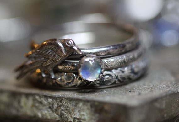 Raven Ring* Nevermore * Badb* Rainbow Moonstone * Black Onyx * Set of 3 *Any Size