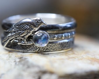 Raven Ring * The Raven* Poe * Set of 3 Stacking Rings *  NEVERMORE * Badb * Morrigan  Any Size