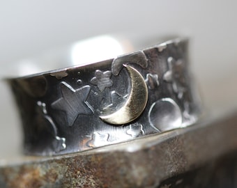 Celestial Ring * Moon And Stars Thumb Ring * Solid Sterling Silver * Solid   10kt GOLD  Wide * 1/2 inch *  Any Size Thumb Ring * Any Size