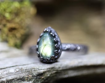 Labradorite Ring* Teardrop Ring * Solid Sterling Silver * Floral Band * Any Size *