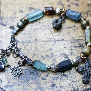 Rustic Roman Glass Bracelet: Mixed Metals, Garnet, Labradorite