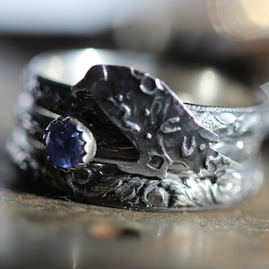 Peut inclure: Une bague en argent avec une pierre précieuse bleue et un motif détaillé d'un oiseau. La bague est composée de plusieurs bandes.
