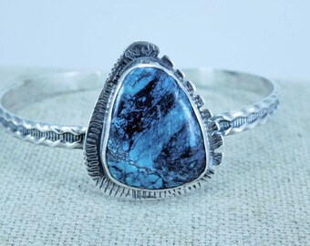 Vibrant Chrysocolla and Stamped Sterling Silver Cuff Bracelet