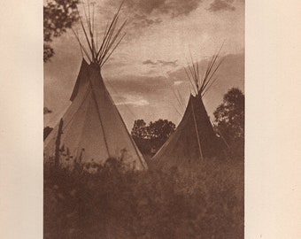 THE VANISHING RACE - A Sunset in the Camp, Fotograbado Vintage 1914, Foto de indios nativos americanos