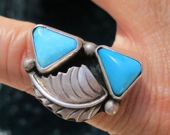 Size 5 Vintage Turquoise and Sterling Silver Feather Ring