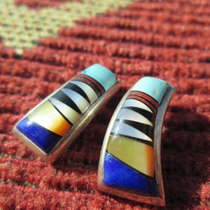 Vintage Native American Multi-Stone and Sterling Silver Inlay Earrings