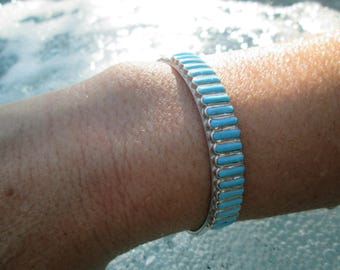 Zuni Signed Turquoise and Sterling Silver Needlepoint Cuff Bracelet