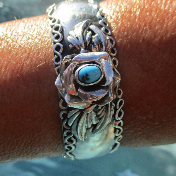 Ornate Turquoise, Sterling Rose and Feathers Cuff Bracelet