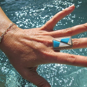 Turquoise and Mother of Pearl Inlay Ring Size 7.5