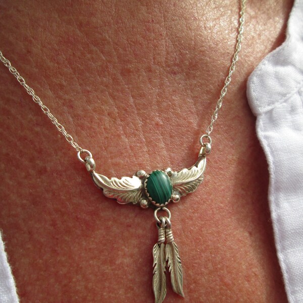 Native American Malachite and Sterling Silver Feathers Necklace