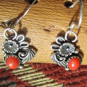 Coral and Sterling Feathers and Squash Blossom Earrings