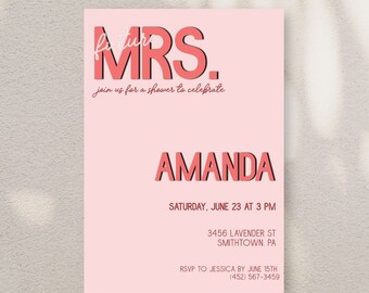 Future Mrs. Bridal Shower Invitation - Modern Bridal Shower Invite - Retro Bride - Coral Shower Invitation - Monochromatic Invitation