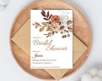 Flower Bridal Shower Invitation - Fall Bridal Shower Invite Template - Boho Bridal Shower Invitation - Floral Rustic Wedding Shower Invites
